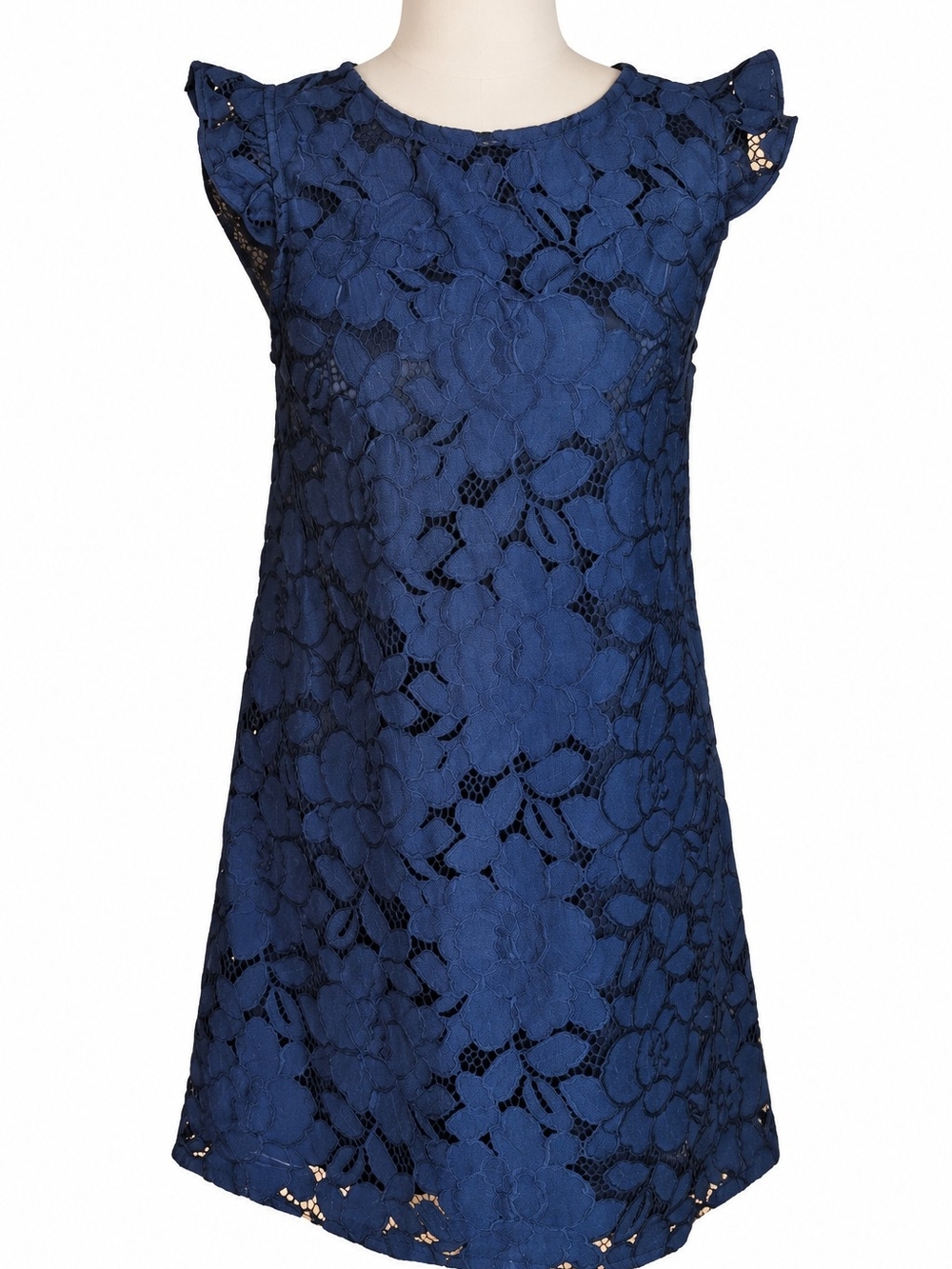 Monteau Navy Blue Floral Lace Ruffle Sleeve Shift Dress S NWT